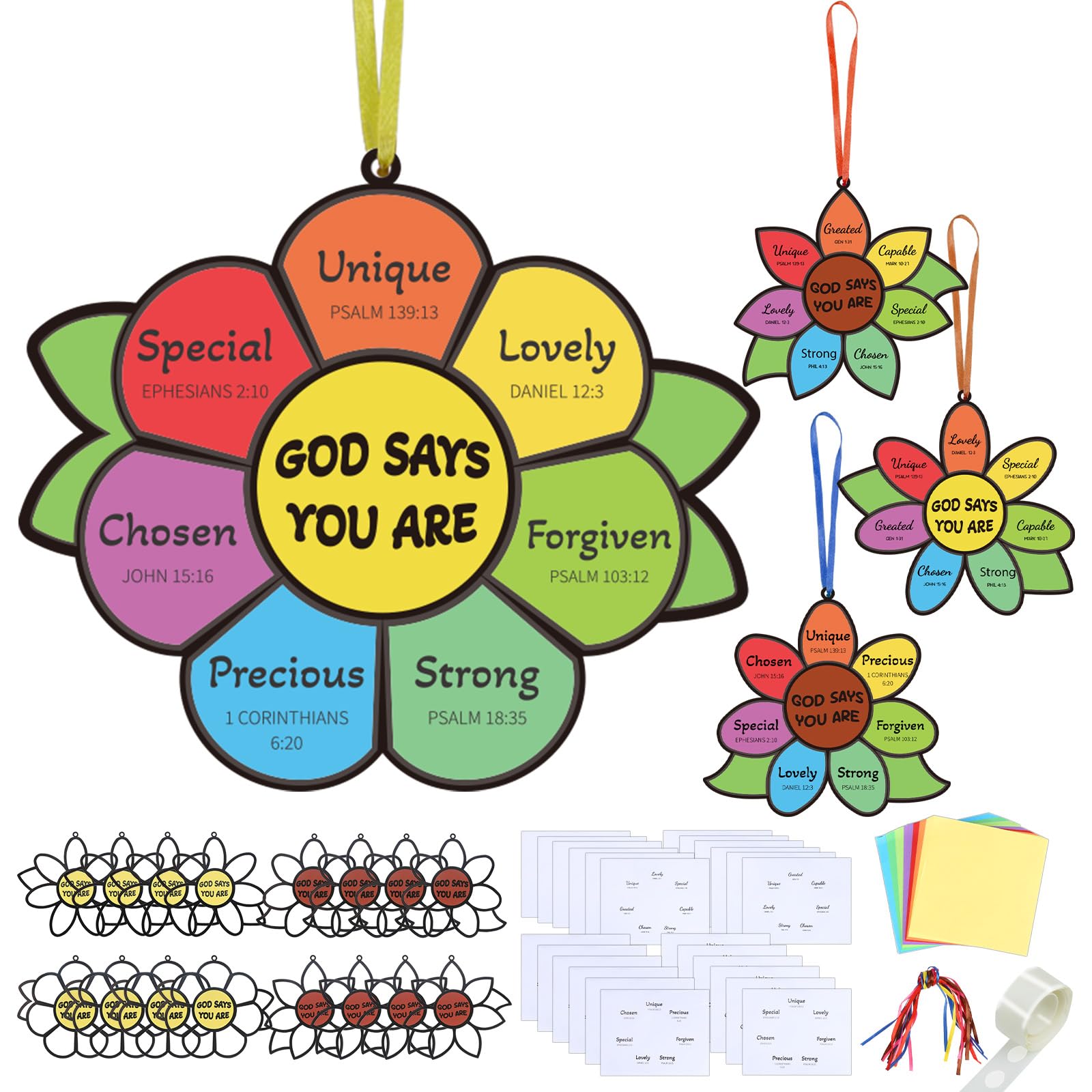 Fennoral 24 Pack God Says You are Sunflower Suncatcher DIY Craft Kit for Kids Religious Christian Bible Verse Hanging Window Ornaments Sunday School