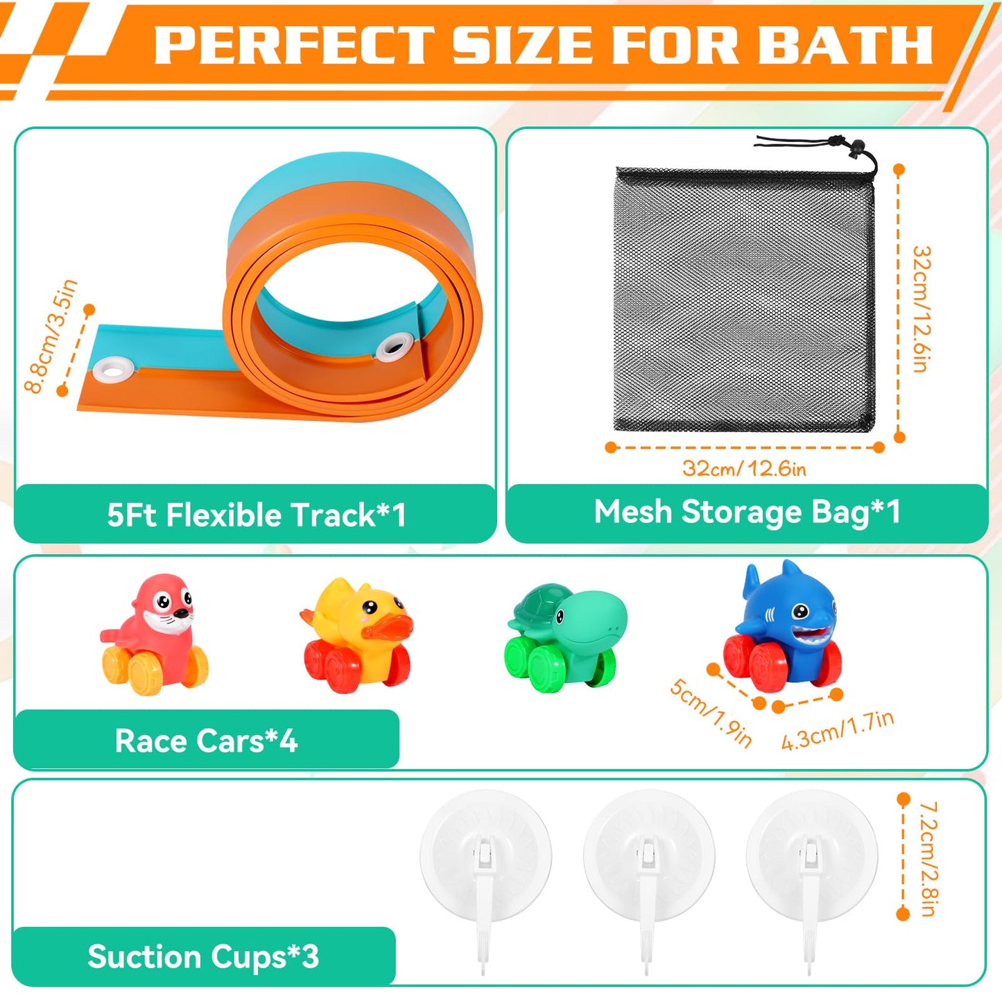 Race Car Bath Toys, Toddler Bathub Toy Set, 5 Ft Flexible Bath Race Track for Kids Ages 3+ , Cars Toy Gift for Baby Boys &Girls, Portable Rolls Up