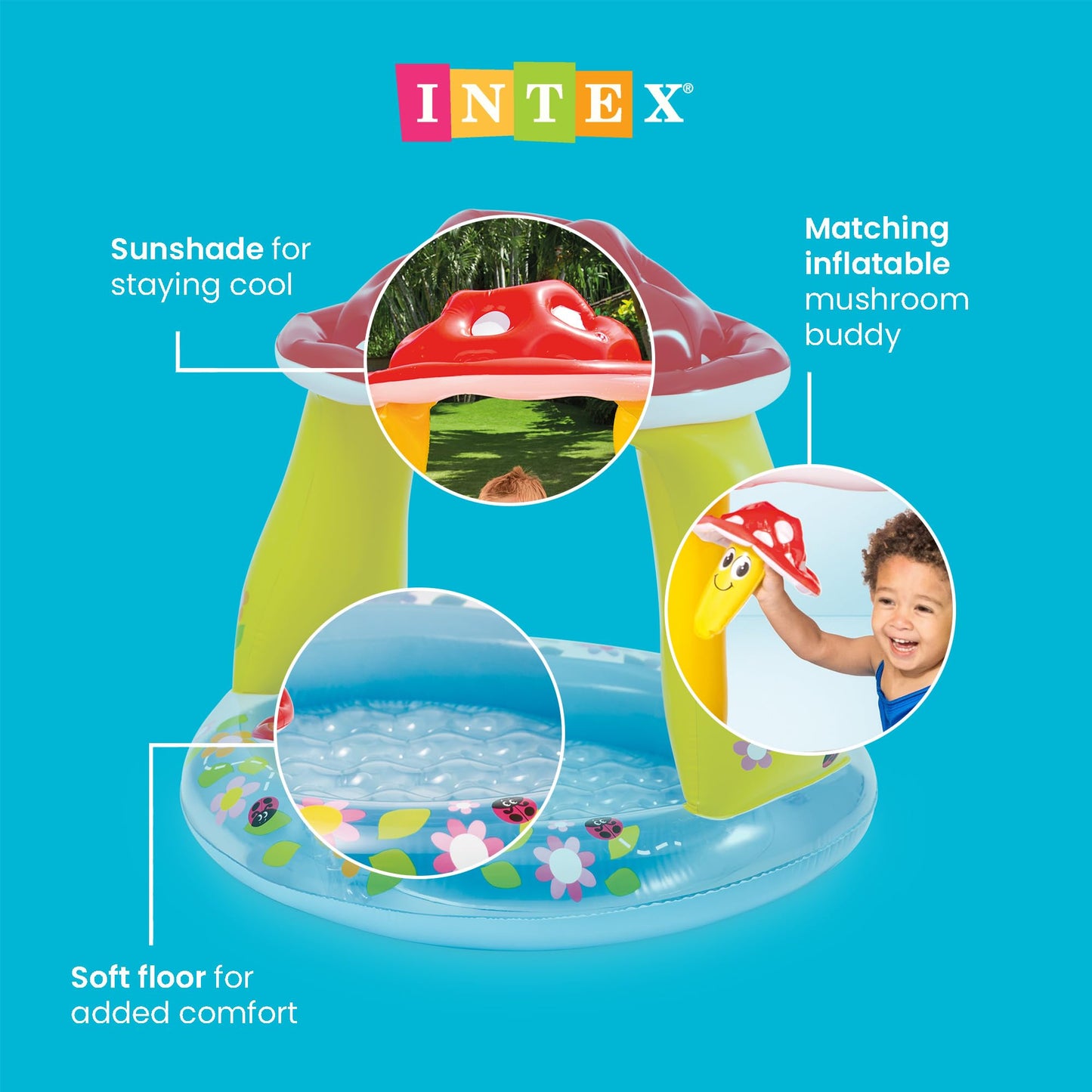 INTEX 57114EP Mushroom Baby Pool: Built-In Mushroom Shade - Soft Inflatable Floor - Durable Vinyl - Ages 1-3 - 40" x 35"