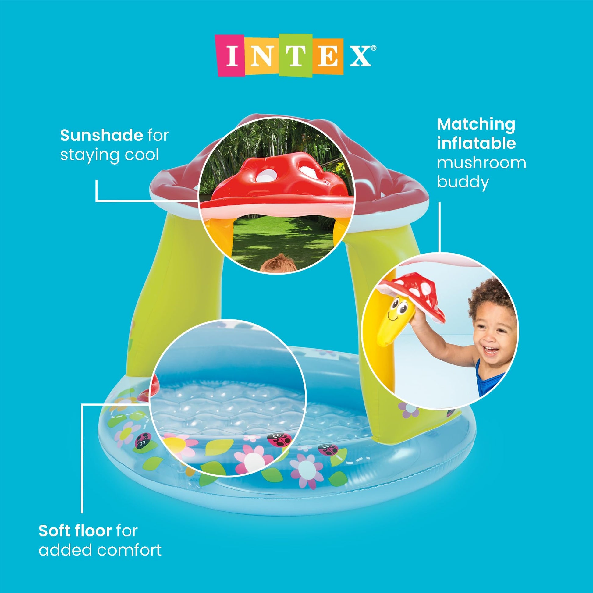 INTEX 57114EP Mushroom Baby Pool: Built-In Mushroom Shade - Soft Inflatable Floor - Durable Vinyl - Ages 1-3 - 40" x 35"