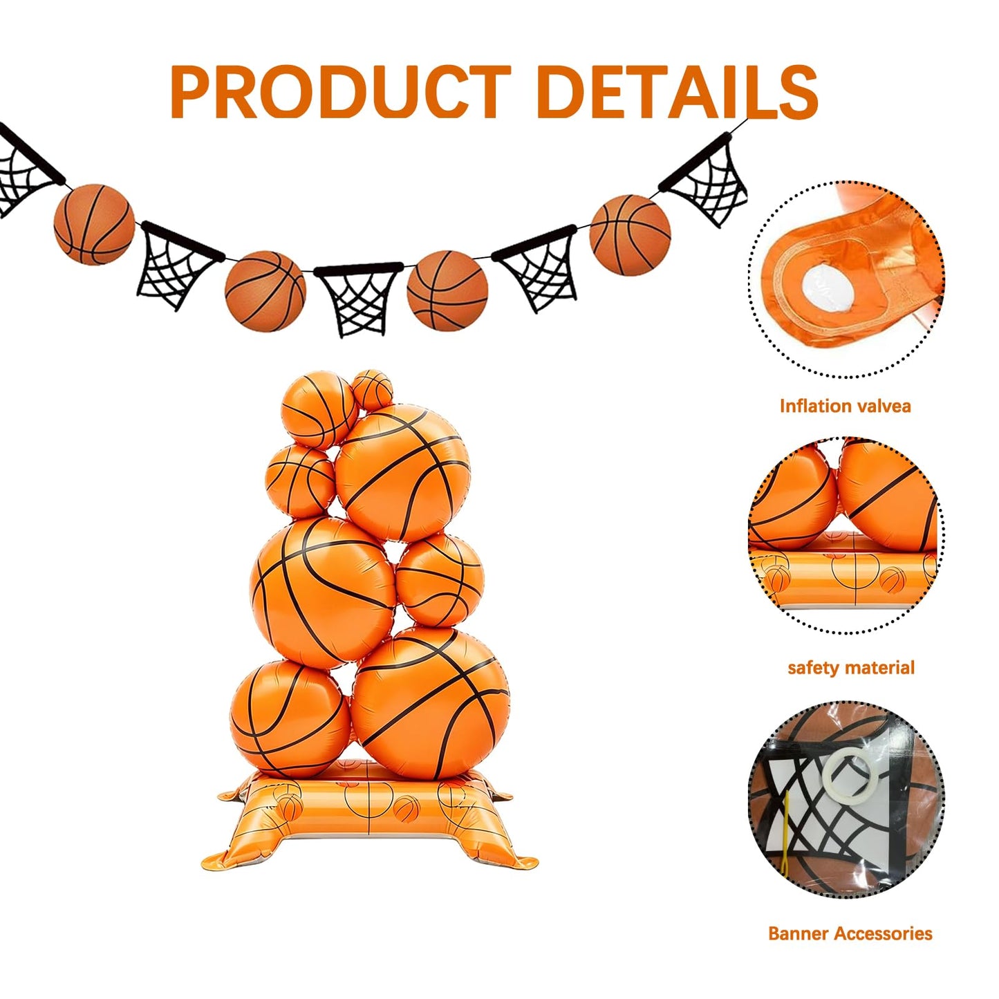2 Pack Self Standing Basketball Foil Balloons 3.5 ft with Field Base for Birthday Themed Party Decoration Sports Supplies Decor (Basketball Pile) (2