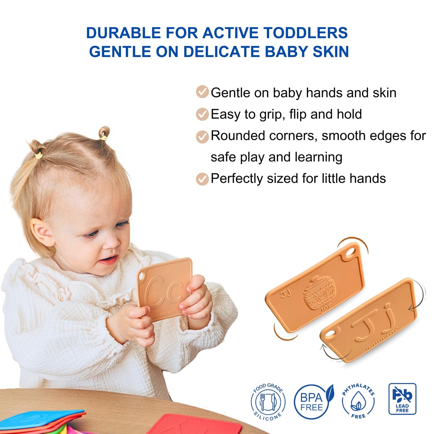 INTELLIKIDDOS SiliABCs Alphabet Flash Cards, Non-Toxic Silicone Alphabet Flash Cards for Toddlers 1-3, Montessori Toddler Preschool Alphabet Learning