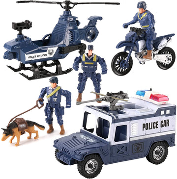 Liberty Imports 8 PCS Police Rescue Patrol Toy Vehicles and Figures Playset - Helicopter, SWAT Truck, Motorcycle, Action Figures, K-9, Weapons,