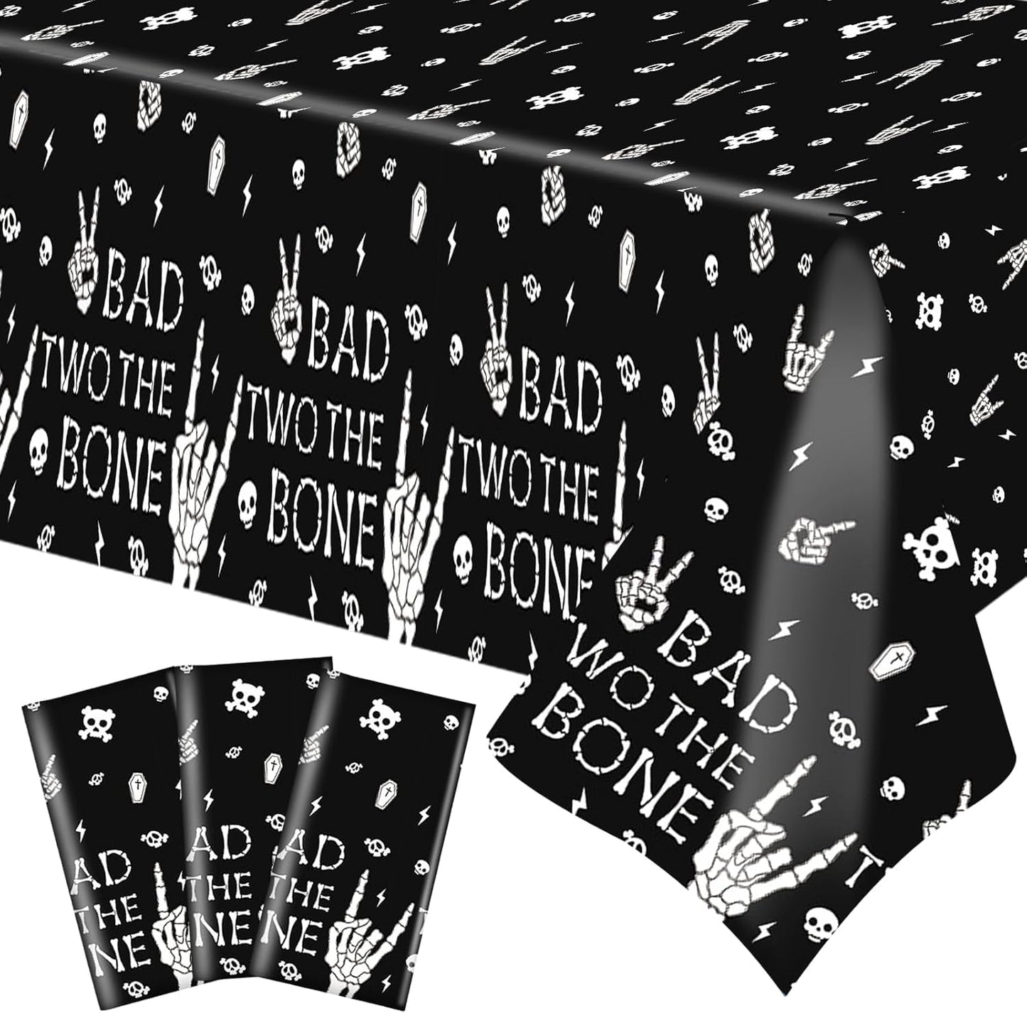 Ertyjikg 3 Pcs Bad Two The Bone Tablecloth Rock Roll 2nd Birthday Party Decorations Plastic Skull Tablecover Backdrop Background Banner for 2nd