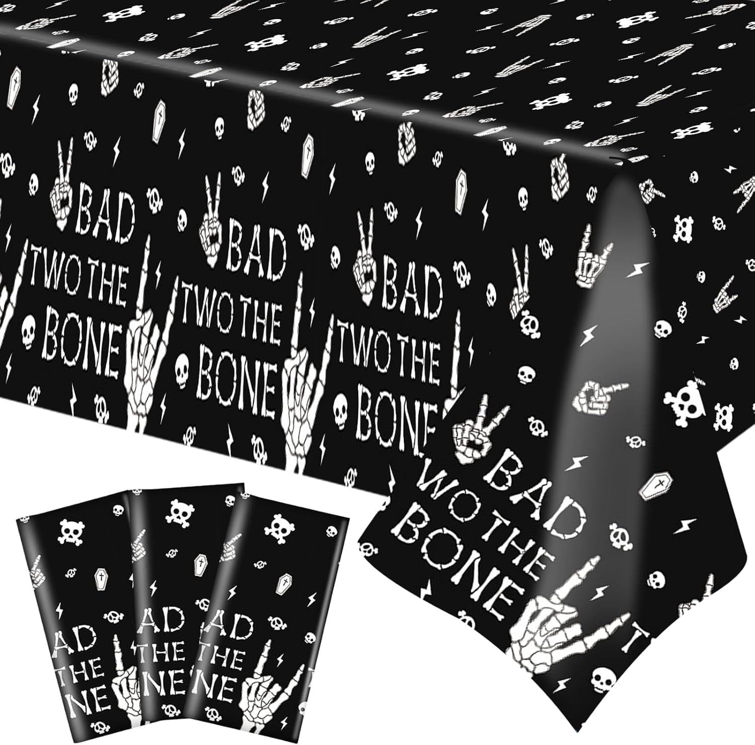 Ertyjikg 3 Pcs Bad Two The Bone Tablecloth Rock Roll 2nd Birthday Party Decorations Plastic Skull Tablecover Backdrop Background Banner for 2nd