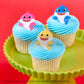 DecoPac Baby Shark Rings, Cupcake Toppers Featuring Baby Shark, Mommy Shark, And Daddy Shark, Blue, Pink, And Yellow 3D Food Safe Cake Decorations