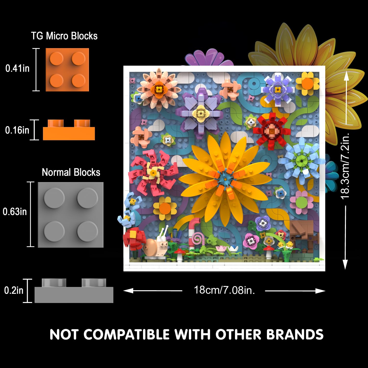 TG BLOCKS Micro Brick Flower World Building Set, 3D Floral Wall Art Home Office Decoration or Table Display, Creative Building Craft Set, Ideas Gift