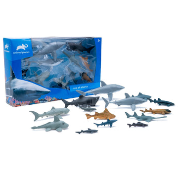 Animal Planet Sea of Sharks Playset - 14 Piece Shark Figure Set Featuring Great White, Hammerhead, Megamouth & More for Kids Ages 3+