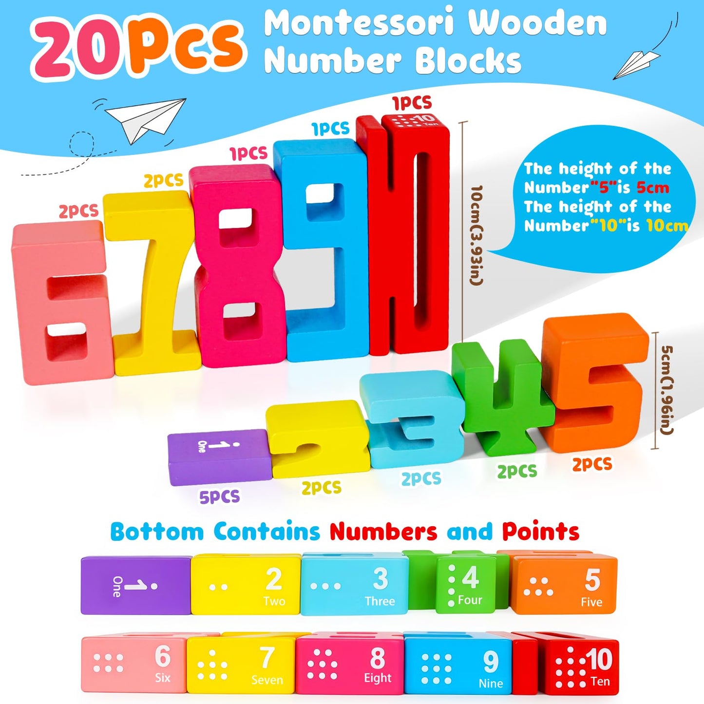 Montessori Wooden Number Building Blocks Toys for Toddlers Kids Stacking Number Blocks 1-10 Preschool Math Learning Educational Toys for 3 4 5 Year