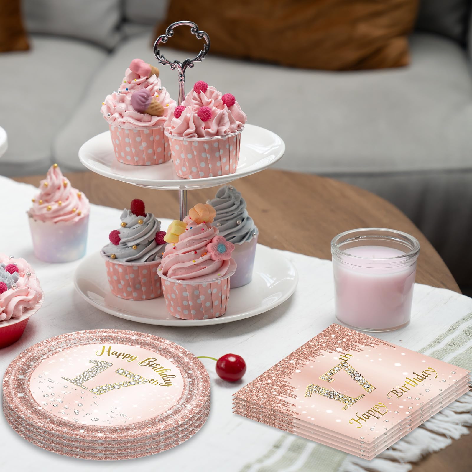 40 Pcs 17th Birthday Decorations for Girls,Rose Gold 17 Years Old Birthday Party Plates and Napkins Disposable 17th Birthday Paper Tableware Set