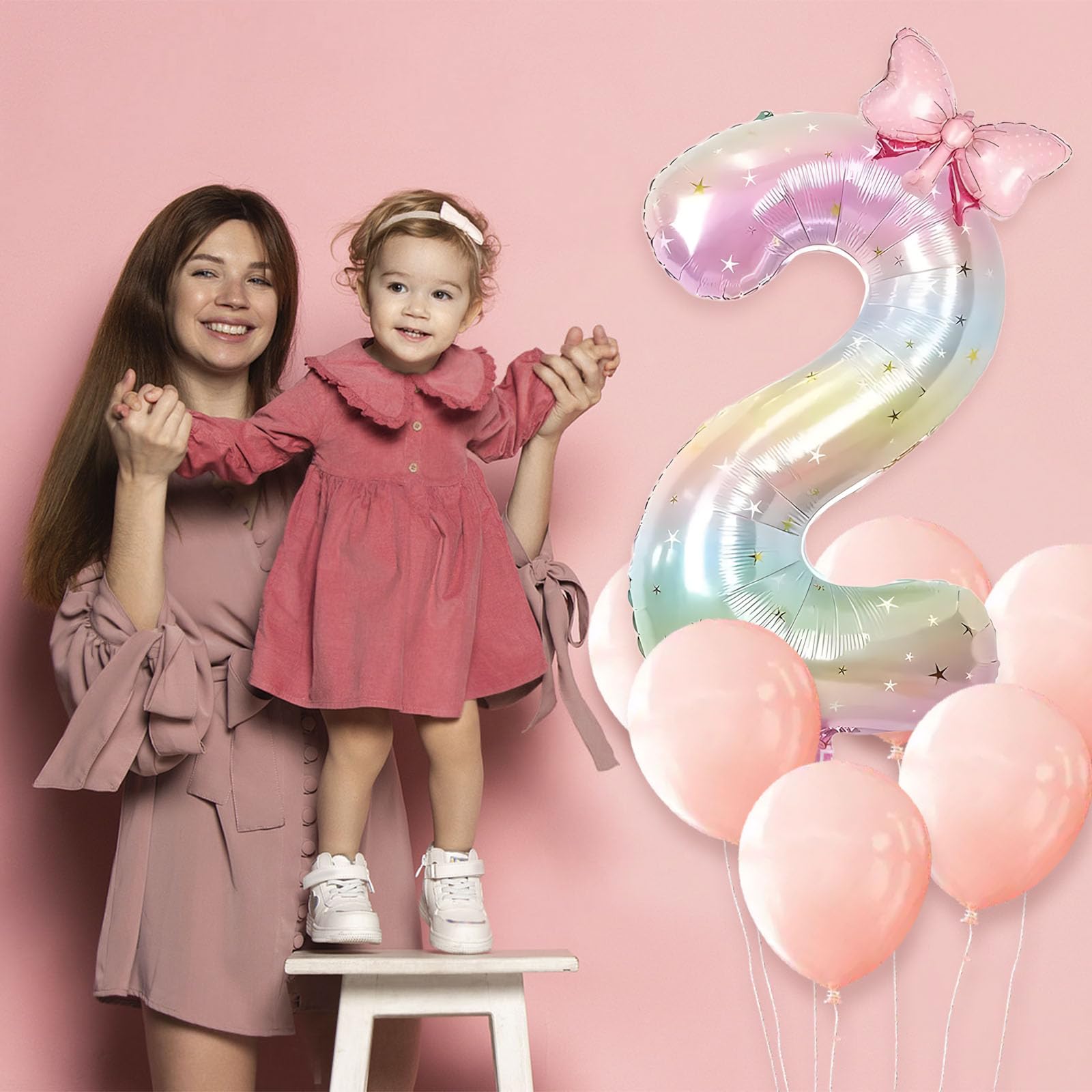 Number 2 40 Inch Rainbow Star Gradient Giant Number Balloon & Mini Bow Balloon Foil Mylar Number Balloons Children's Birthday Girl Party Anniversary