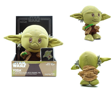 Star Wars Jedi Master Yoda Stylized Plush Character and Collectible Metal Enamel Pin | Plush Doll Measures 7 Inches Tall