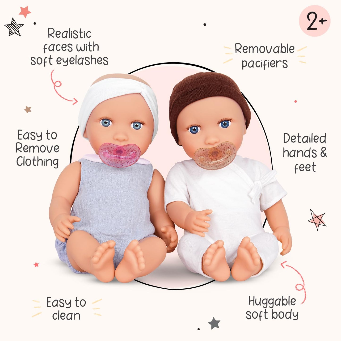 LullaBaby - 14-inch Realistic Baby Twin Dolls - Fair Skin Tones & Blue Eyes - Soft Bodies & Removable Outfits - Hat, Headband & Pacifier Accessories