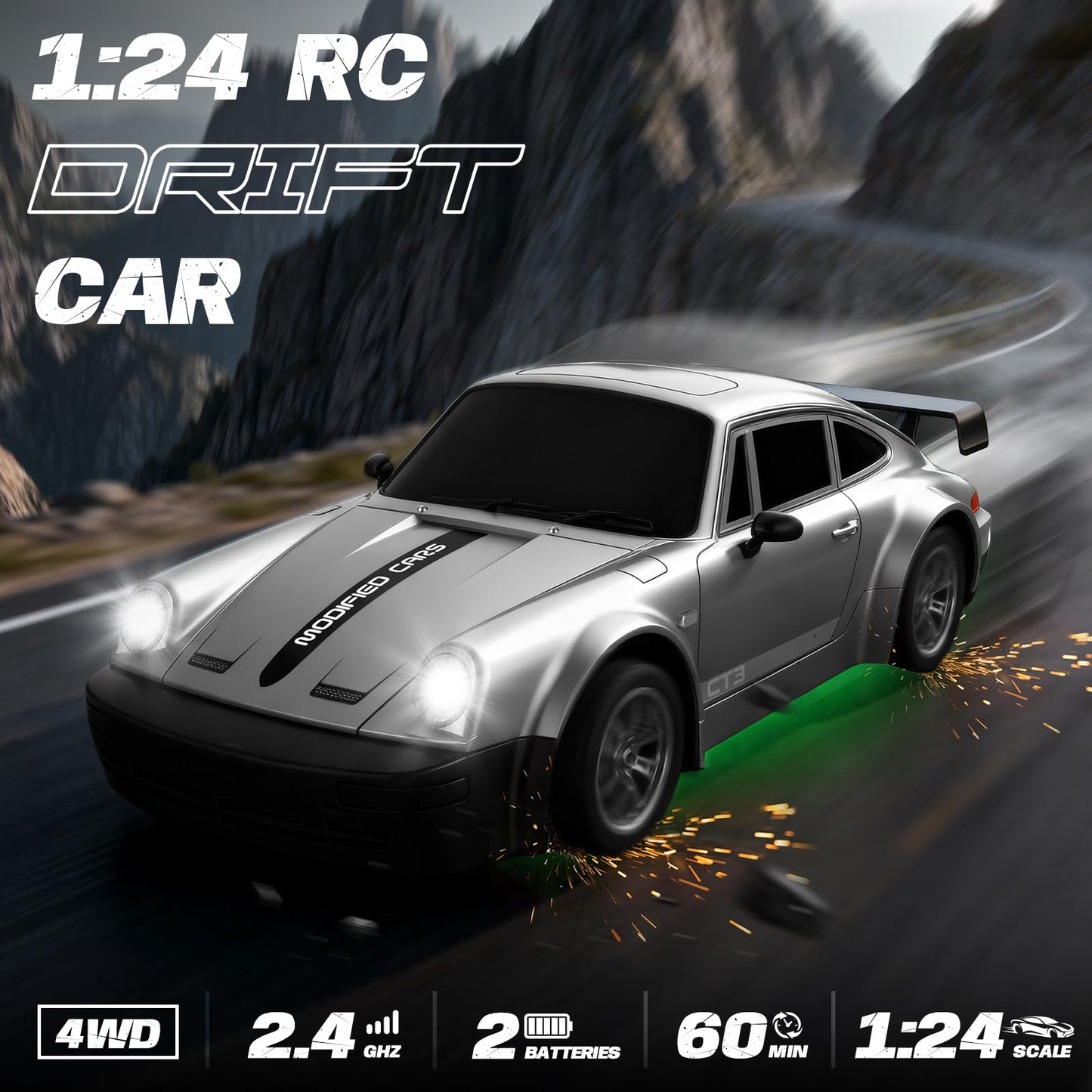 MOCOMI RC Drift Car 1:24 Scale, 4WD Remote Control Car with LED Lights 20KM/H High Speed, Dual-Mode Racing & Drifting Toy Car with 2 Batteries, Gift
