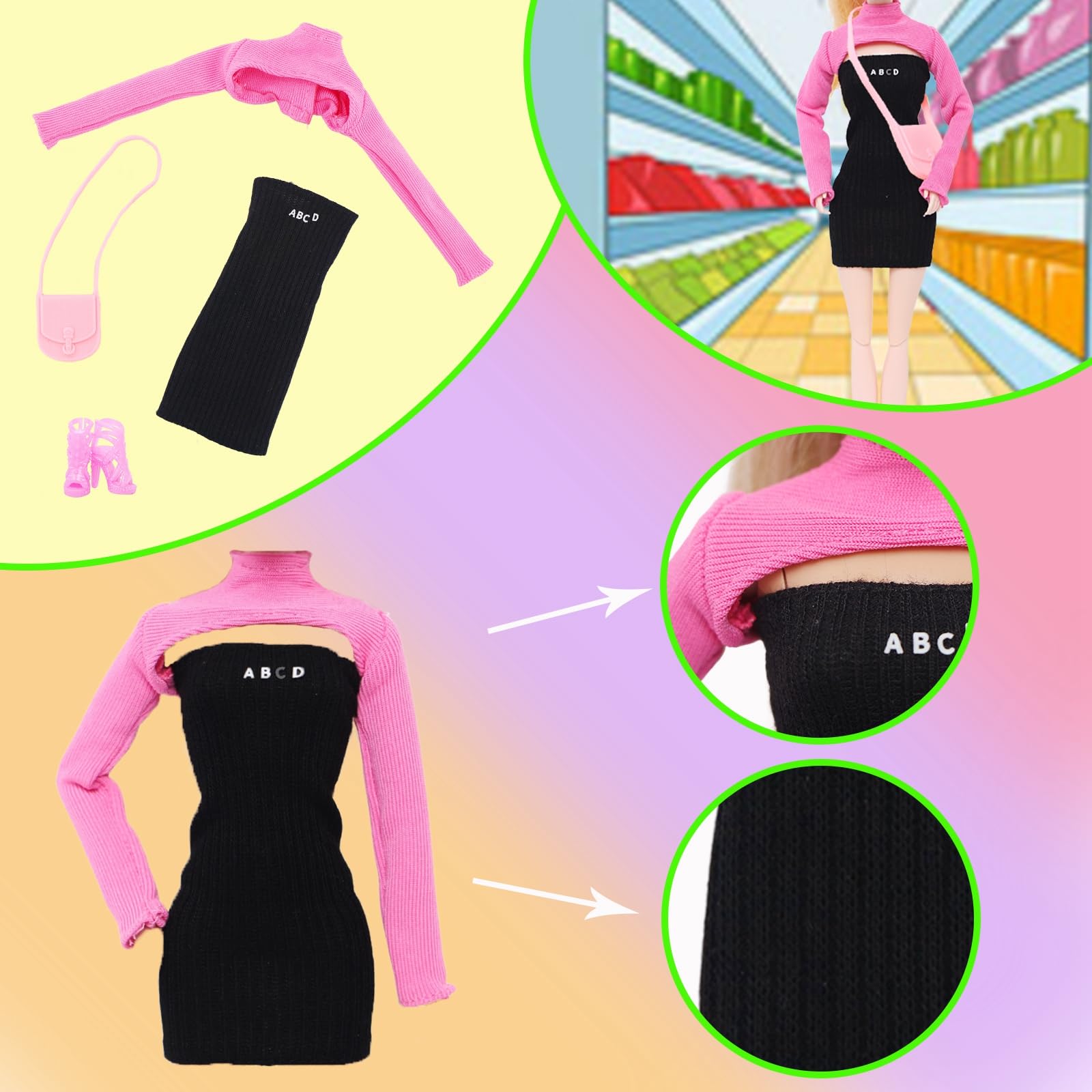 BLIJOLA 4 Sets Doll Clothes for 11.5 inch Girls Dolls, 11Pcs Summer Simple Black Dresses Style Outfits Including Shoes & Bags Clothing Accessories