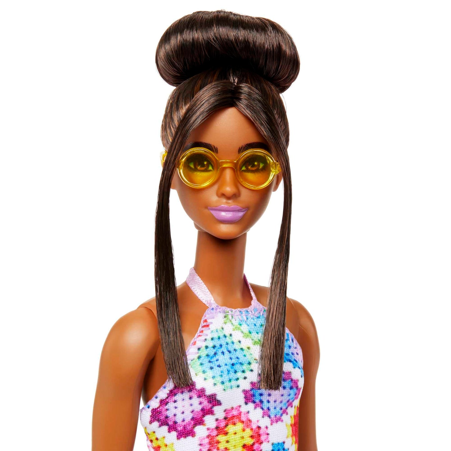 Barbie Fashionistas Doll #210 with Brunette Hair in Bun Wearing Removable Colorful Crochet Halter Dress, Sunglasses & Sandals