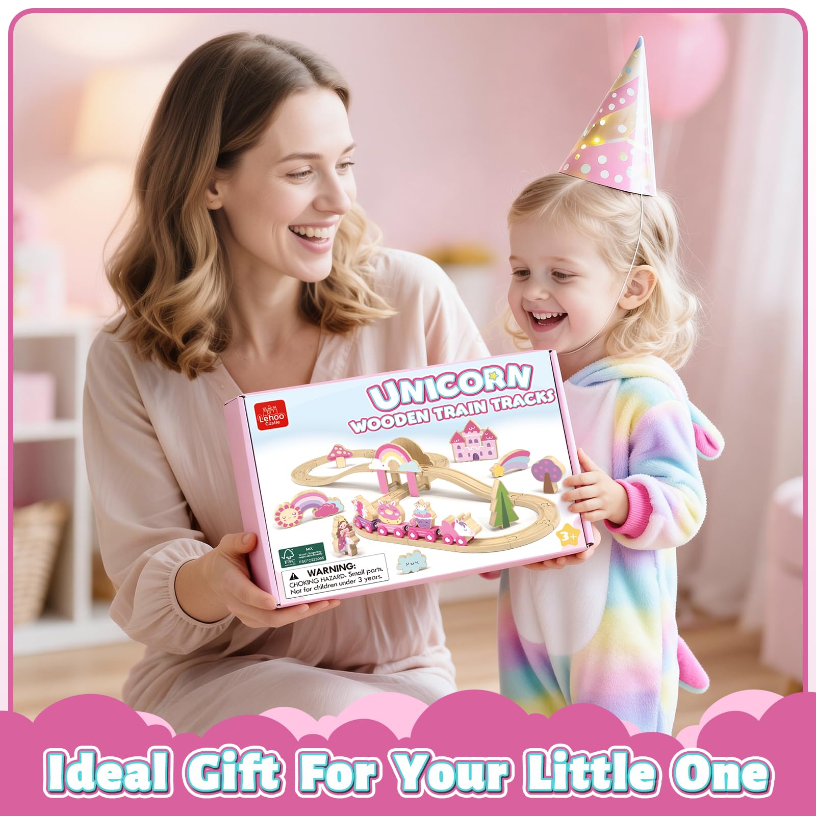 Lehoo Castle Wooden Train Set - Unicorn Train Set for Toddlers 2-4, Wooden Train Track Toddler Girl Toys, Pink Train Fantasy Toys for 3 4 5 6 7 Year