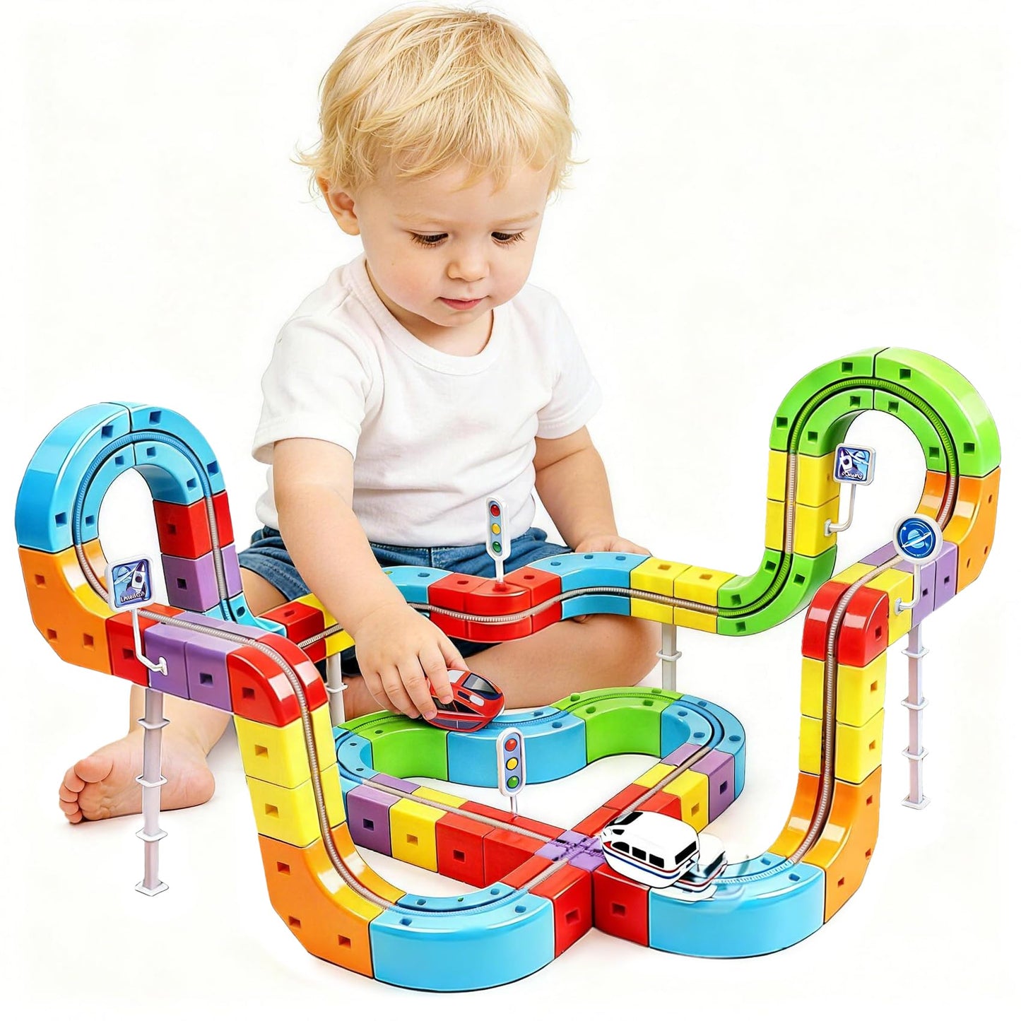 Electric Train Set for Kids 3-8, 121PCS/2 Car, 3D Infinity Racer Magnetic Train Sets with Motorized Train, STEM Building Train Tracks for Creative