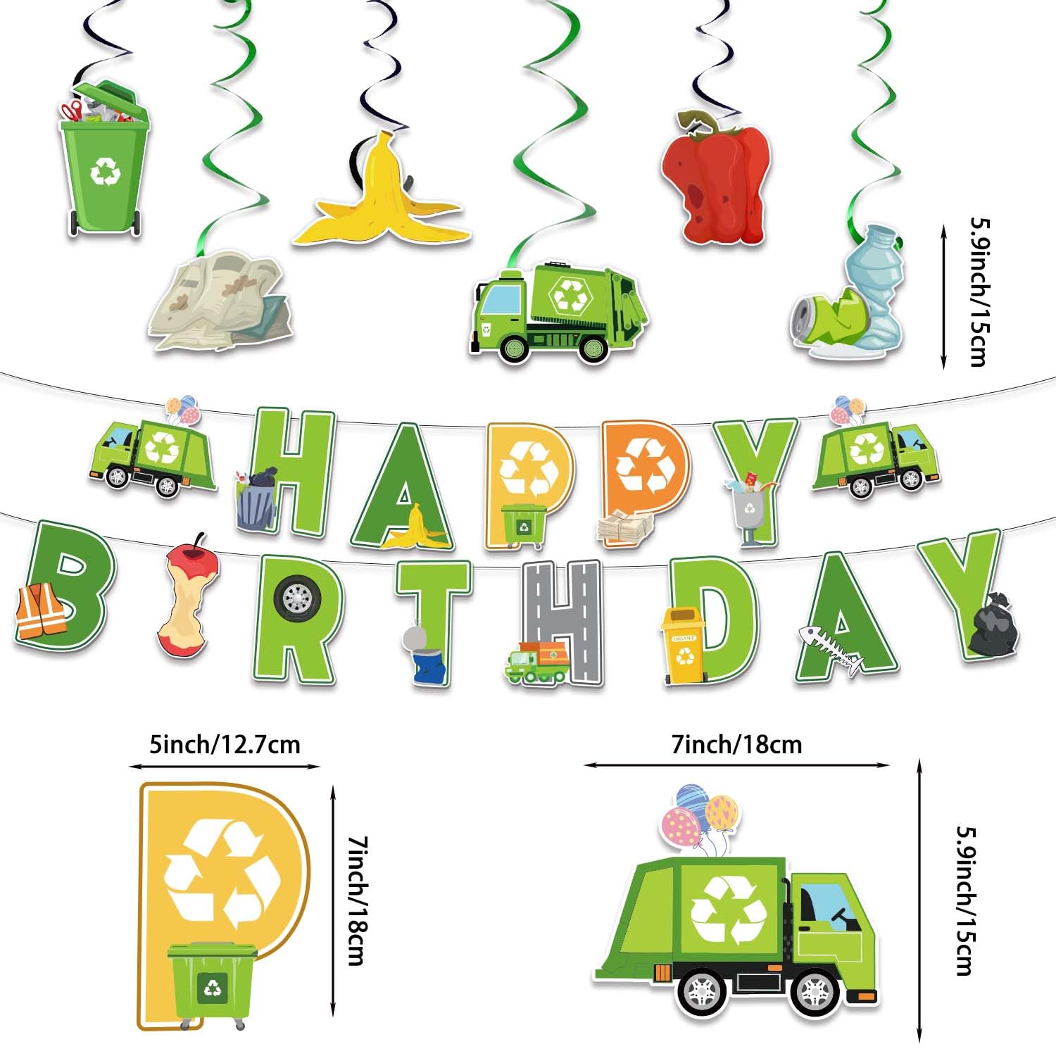 Diosnase Trash Truck Birthday Decorations, Garbage Truck Party Supplies for 20 Guests with Banner, Hanging Swirls, Tablecloths, Plates, Napkins