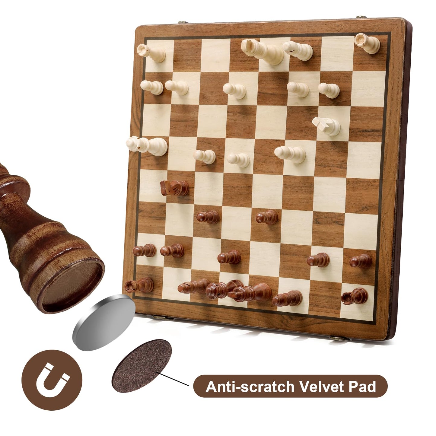 Durpeak Magnetic Wooden Chess Set, 2 Extra Queens, 15'' Folding Portable Travel Chessboard with Chess Pieces Storage Slots for Professional Tournament