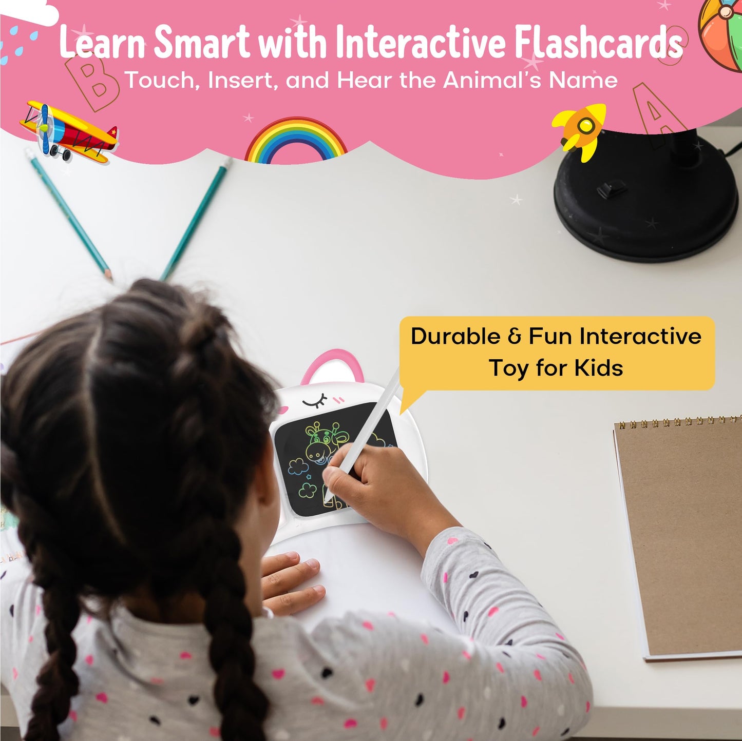 Henry & Colin Smart Talking Flash Cards Reader with LCD Writing Drawing Tablet Card for Kids - Colorful Drawing Pad, Educational Toy, Reusable Board