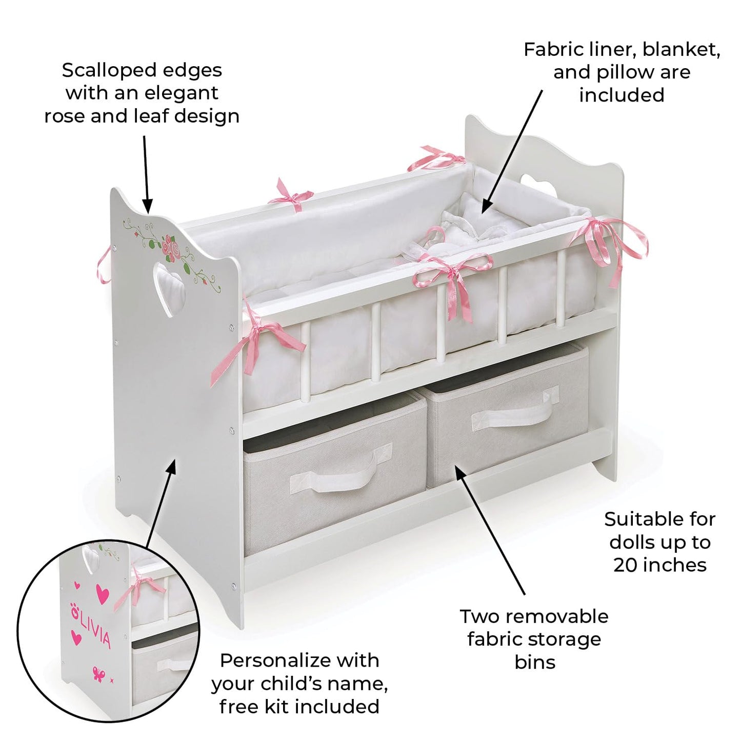 Badger Basket Wooden Doll Bed with Bed Liner, Pillows and Two Storage Baskets - Fits 18" Dolls - Ideal for Pretend Play and Baby Doll Fun - White/Rose