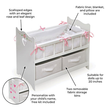 Badger Basket Wooden Doll Bed with Bed Liner, Pillows and Two Storage Baskets - Fits 18" Dolls - Ideal for Pretend Play and Baby Doll Fun - White/Rose