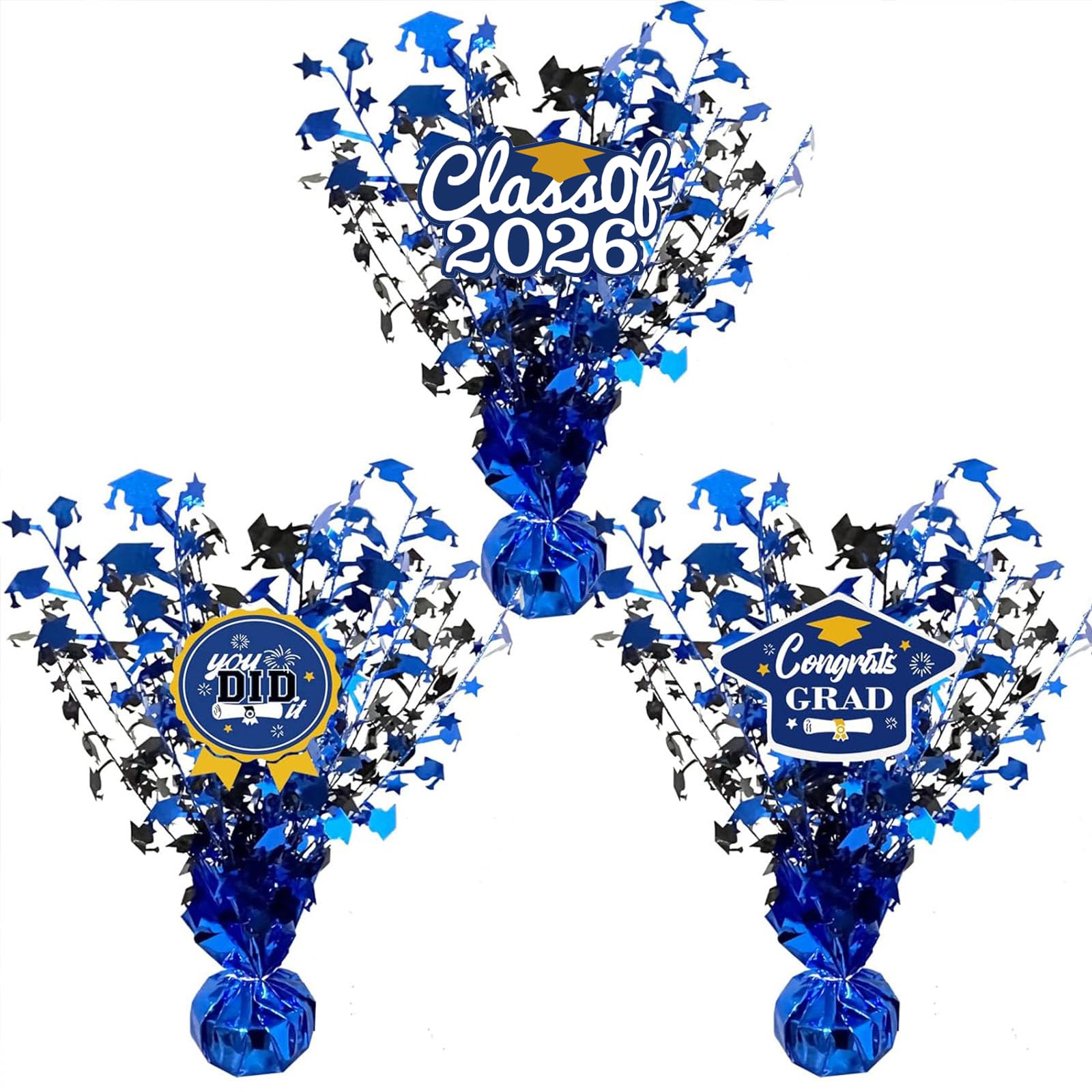 3 Pcs Graduation Table Centerpieces - Balloon Weight Centerpieces Blue Glitter Foil Graduate Cap Centerpieces for 2026 Graduation Party Table