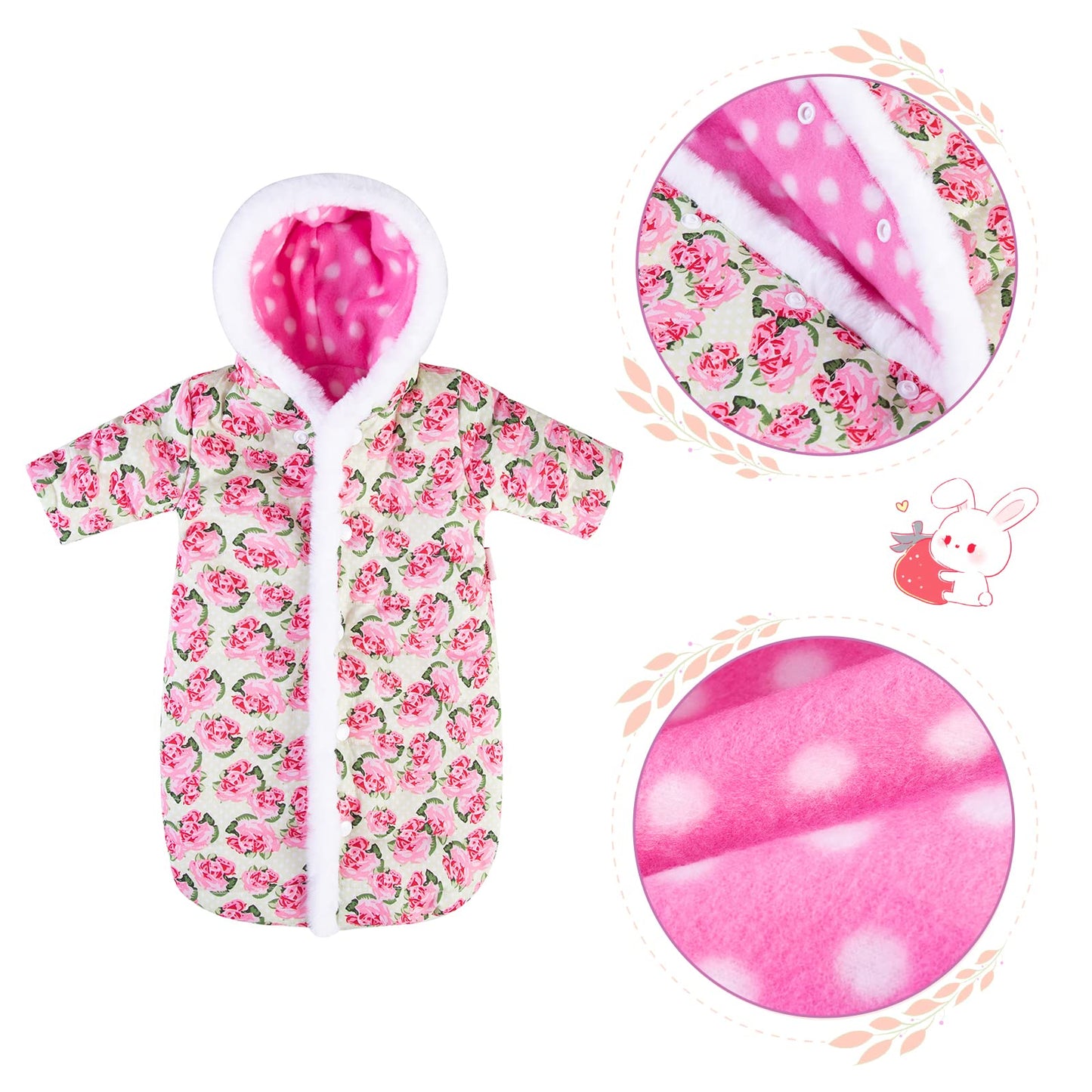 Rakki Dolli Doll Jumpsuit Sleeping Bag Handmade Doll Clothes Hooded Romper Pink Rose Winter Hoodie Doll Accessory Soft Thick Swaddle Blanket Fit