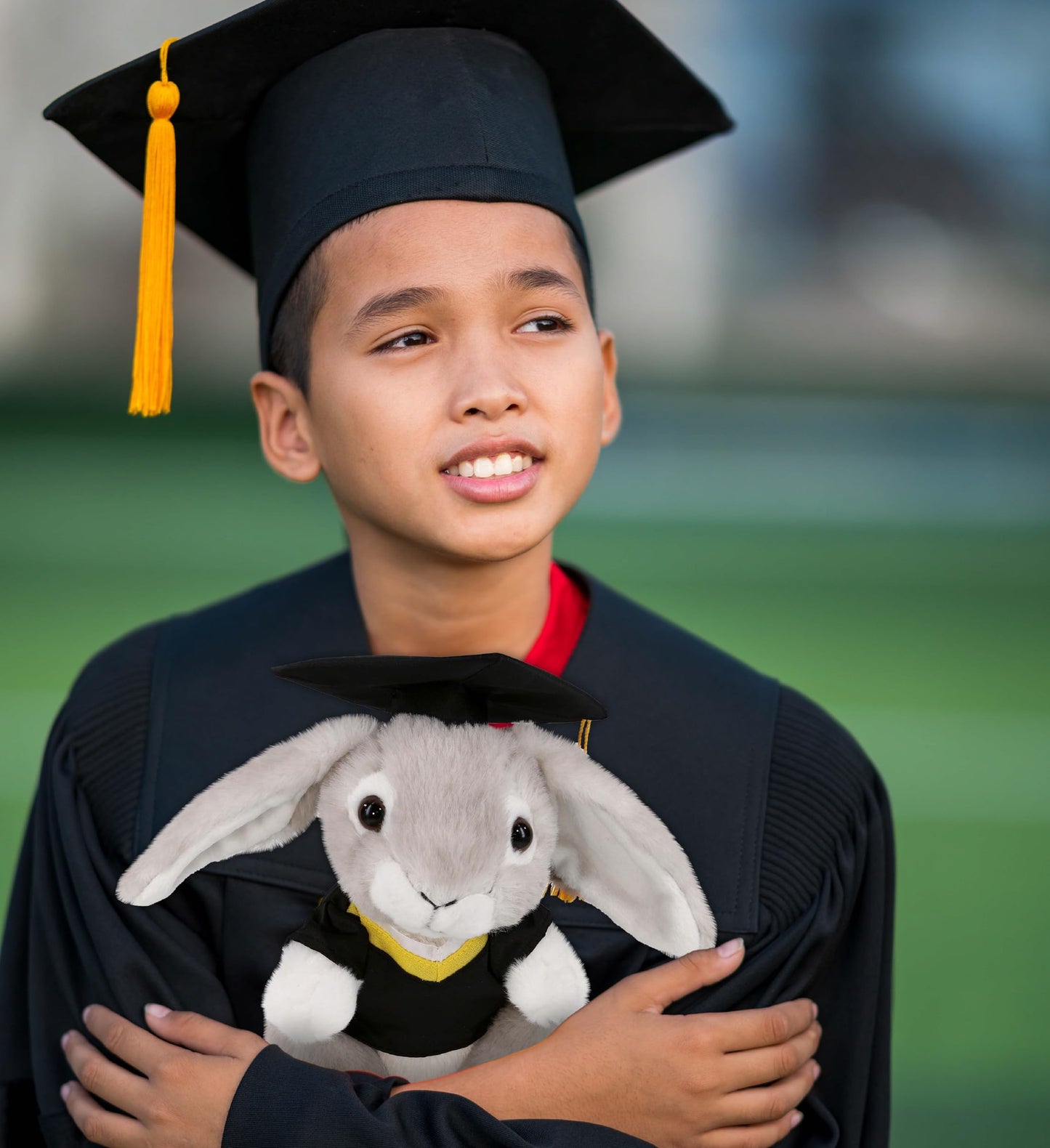 DolliBu Grey Rabbit Graduation Plush Toy - Soft Huggable Graduation Stuffed Animal Dress Up with Gown and Cap with Tassel Outfit with Personalization