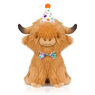 YZXZM Happy Birthday Highland Cow Plush, Birthday Stuffed Animal, Soft Plushie Cute Cow Plush Pillow Gifts for Boys & Girls (9.8 Inch)