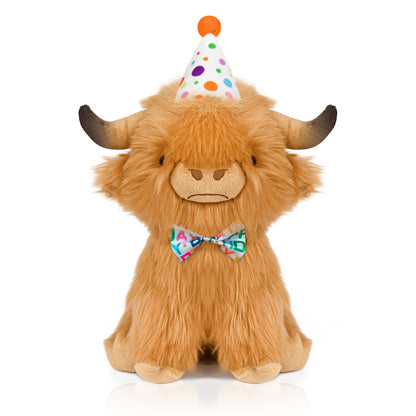 YZXZM Happy Birthday Highland Cow Plush, Birthday Stuffed Animal, Soft Plushie Cute Cow Plush Pillow Gifts for Boys & Girls (9.8 Inch)