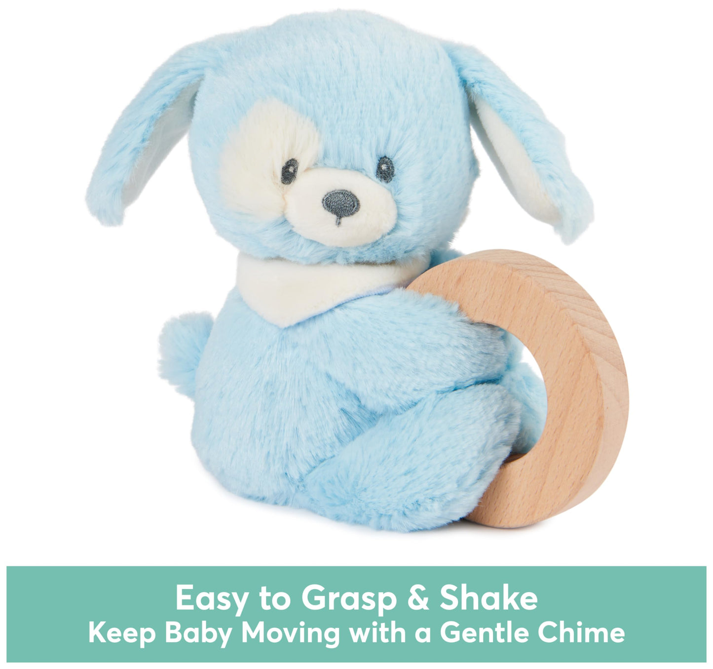 GUND Baby Sustainable Puppy Ring Rattle, Stuffed Animal Plush Made from 100% Recycled Plush Materials, Wooden Rattle for Babies and Newborns, Blue,