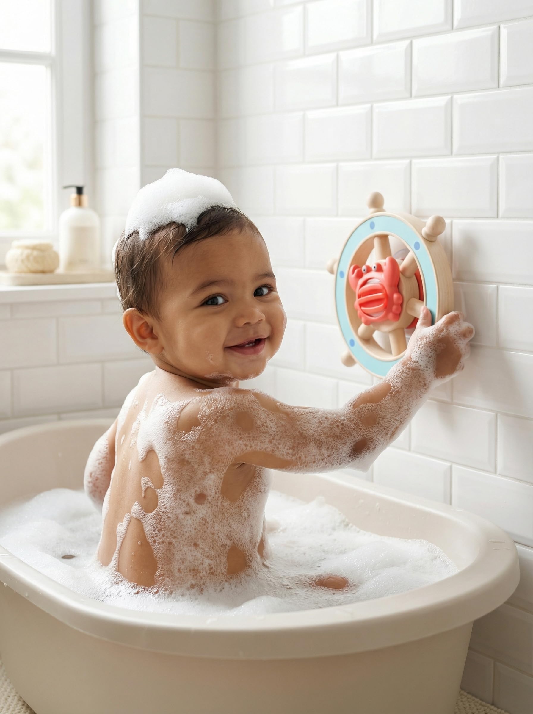 Itzy Ritzy Steering Wheel Bath Toy - Suction Cup Tub Toy with Rotating Steering Wheel and Easy-Grip Handles to Promote Fine Motor Skills & Imaginative