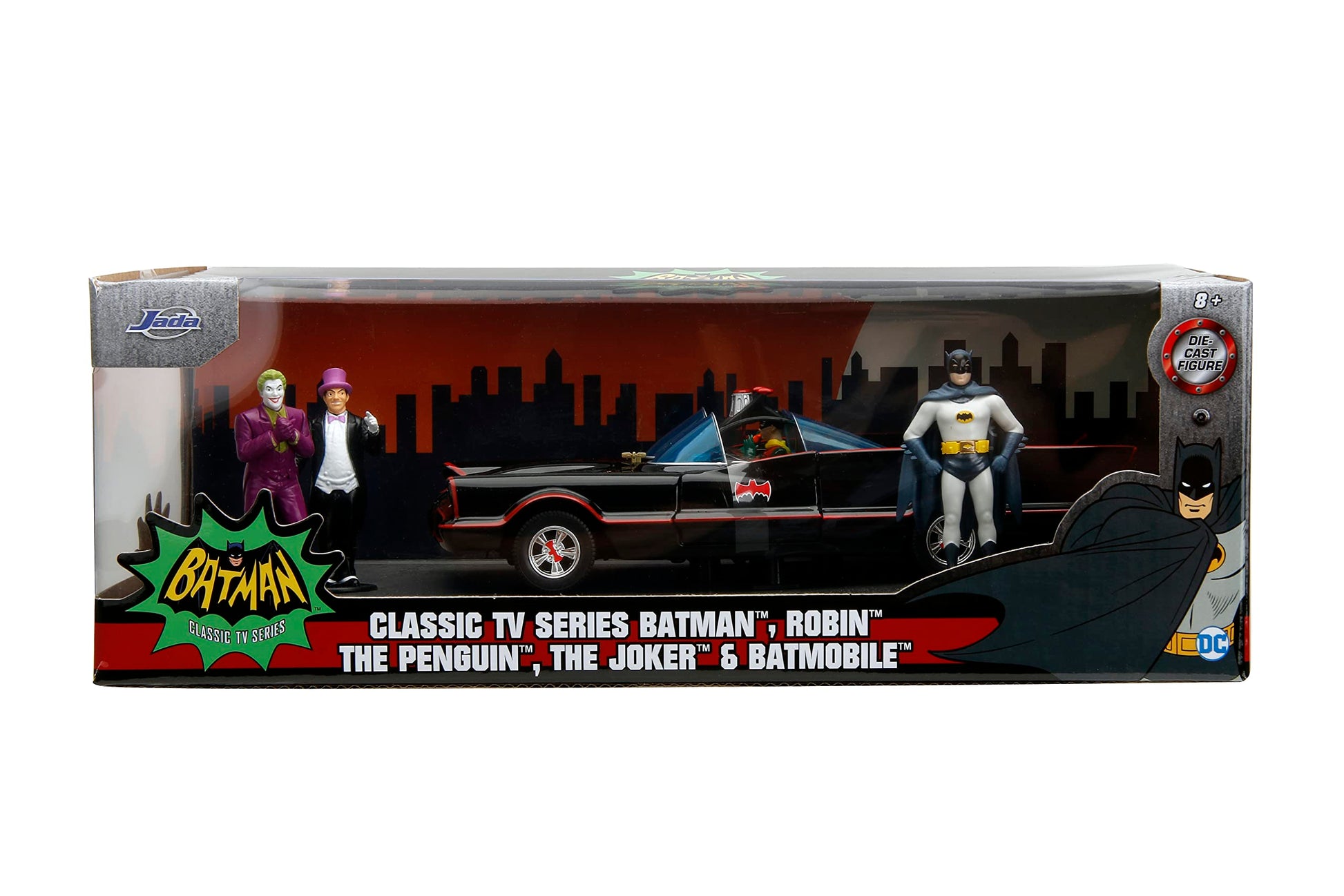 toy Cars DC Comics 1:24 Classic TV Series Batman Batmobile Die-Cast Car & 2.75" Batman, Robin, Penguin, & The Joker Figures