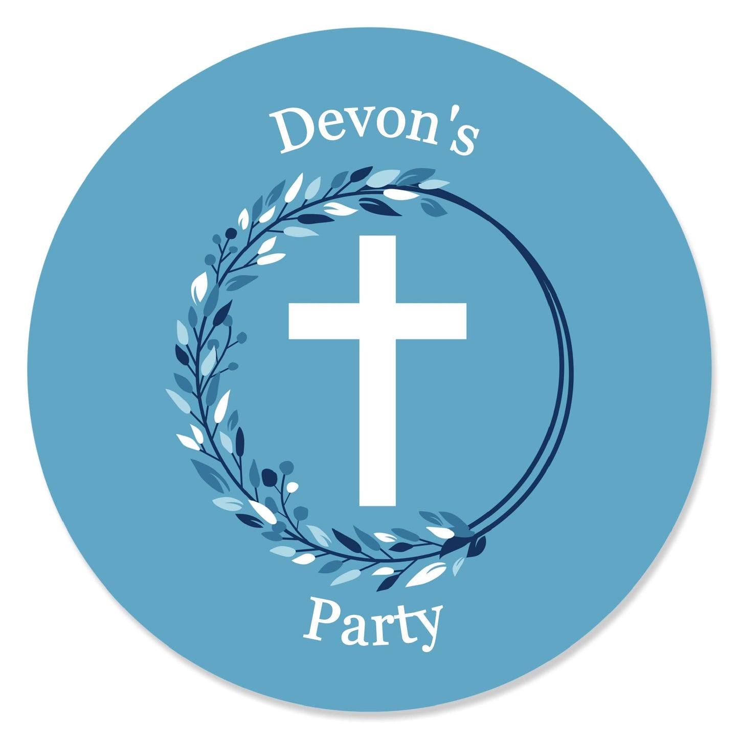 Big Dot of Happiness - Personalized Blue Elegant Cross - Custom Boy Religious Party Favor Circle Sticker Labels - Custom Text - 24 Count