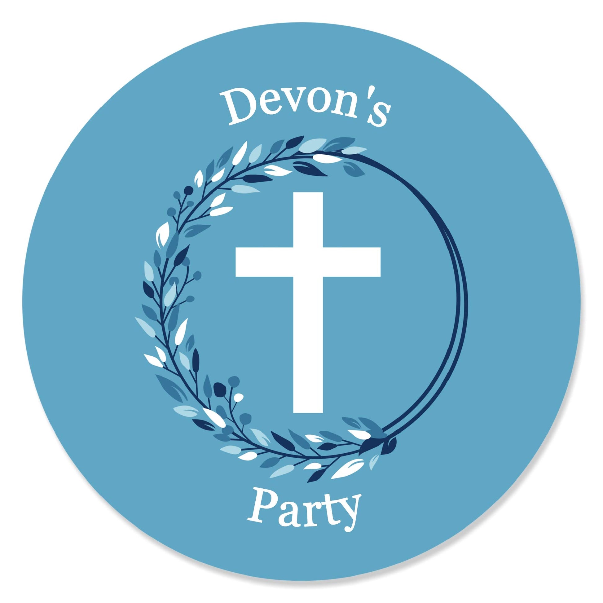 Big Dot of Happiness - Personalized Blue Elegant Cross - Custom Boy Religious Party Favor Circle Sticker Labels - Custom Text - 24 Count