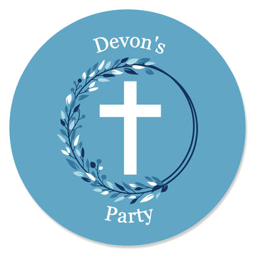 Big Dot of Happiness - Personalized Blue Elegant Cross - Custom Boy Religious Party Favor Circle Sticker Labels - Custom Text - 24 Count