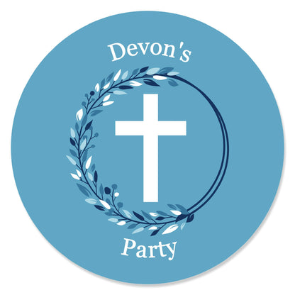 Big Dot of Happiness - Personalized Blue Elegant Cross - Custom Boy Religious Party Favor Circle Sticker Labels - Custom Text - 24 Count