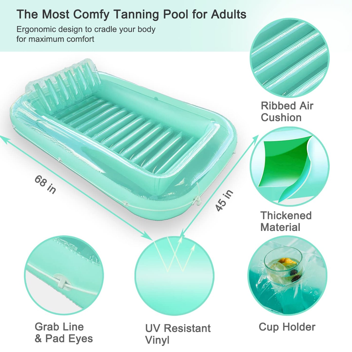 Float Joy Tanning Pool Inflatable Pool Floats Adult Tanning Bed Pool Lounger Blow Up Pool Floaties for Floating Sunbathing Suntan Tub