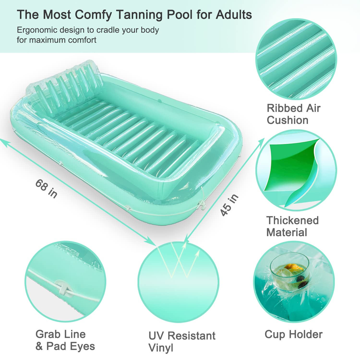 Float Joy Tanning Pool Inflatable Pool Floats Adult Tanning Bed Pool Lounger Blow Up Pool Floaties for Floating Sunbathing Suntan Tub