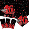 KEWEYA 3 Pcs Happy 16th Tablecloth Decorations for Boy Girl Black Red 16 Birthday Theme Table Cover Party Supplies 16 Years Old Plastic Disposable
