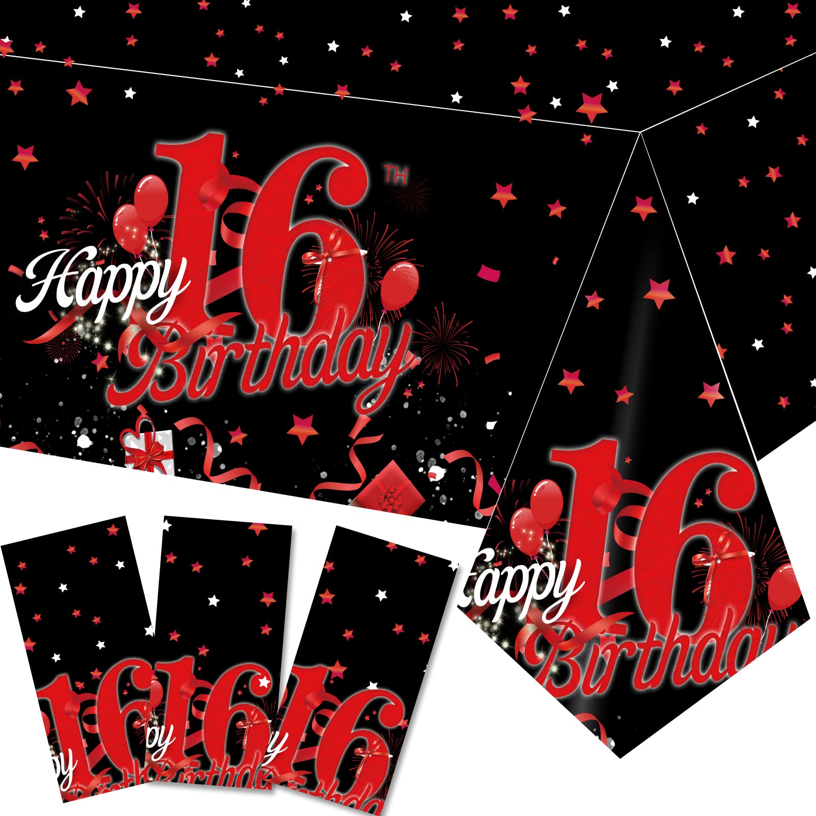 KEWEYA 3 Pcs Happy 16th Tablecloth Decorations for Boy Girl Black Red 16 Birthday Theme Table Cover Party Supplies 16 Years Old Plastic Disposable