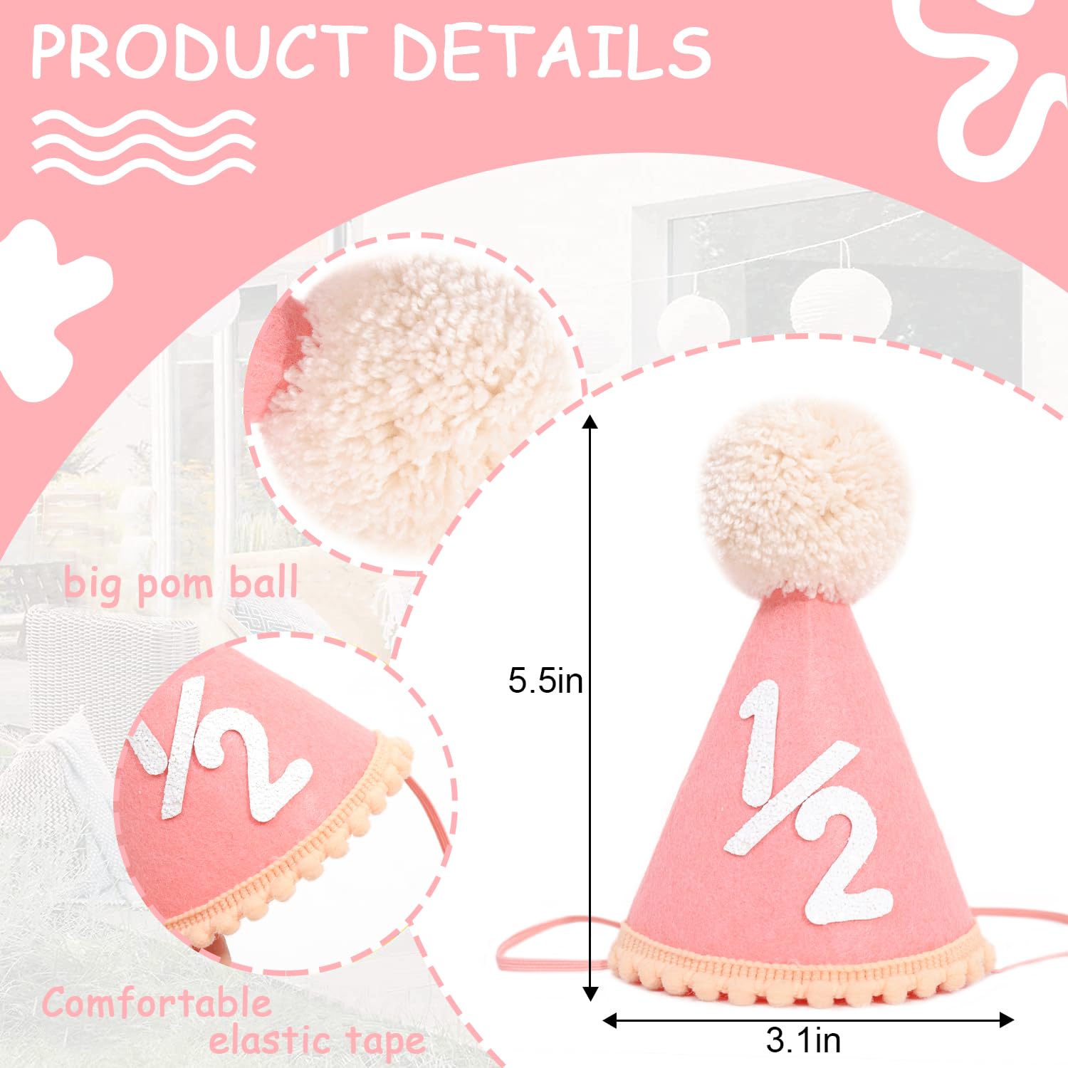 SYESQL Baby Half Birthday Cone Hat - Baby 1/2 Birthday Hat, Six Months Party Hat Outfit, Half Way to One Party Supplies (1/2 Cone Hat Pink)