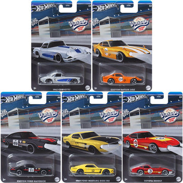 Hot Wheels 2024 Vintage Racing Club - Complete Bundle of 5 Die?Cast Vehicles (HRT81?956B) | 1962 Corvette, 1969 Mustang Boss 302, Toyota 2000GT & More
