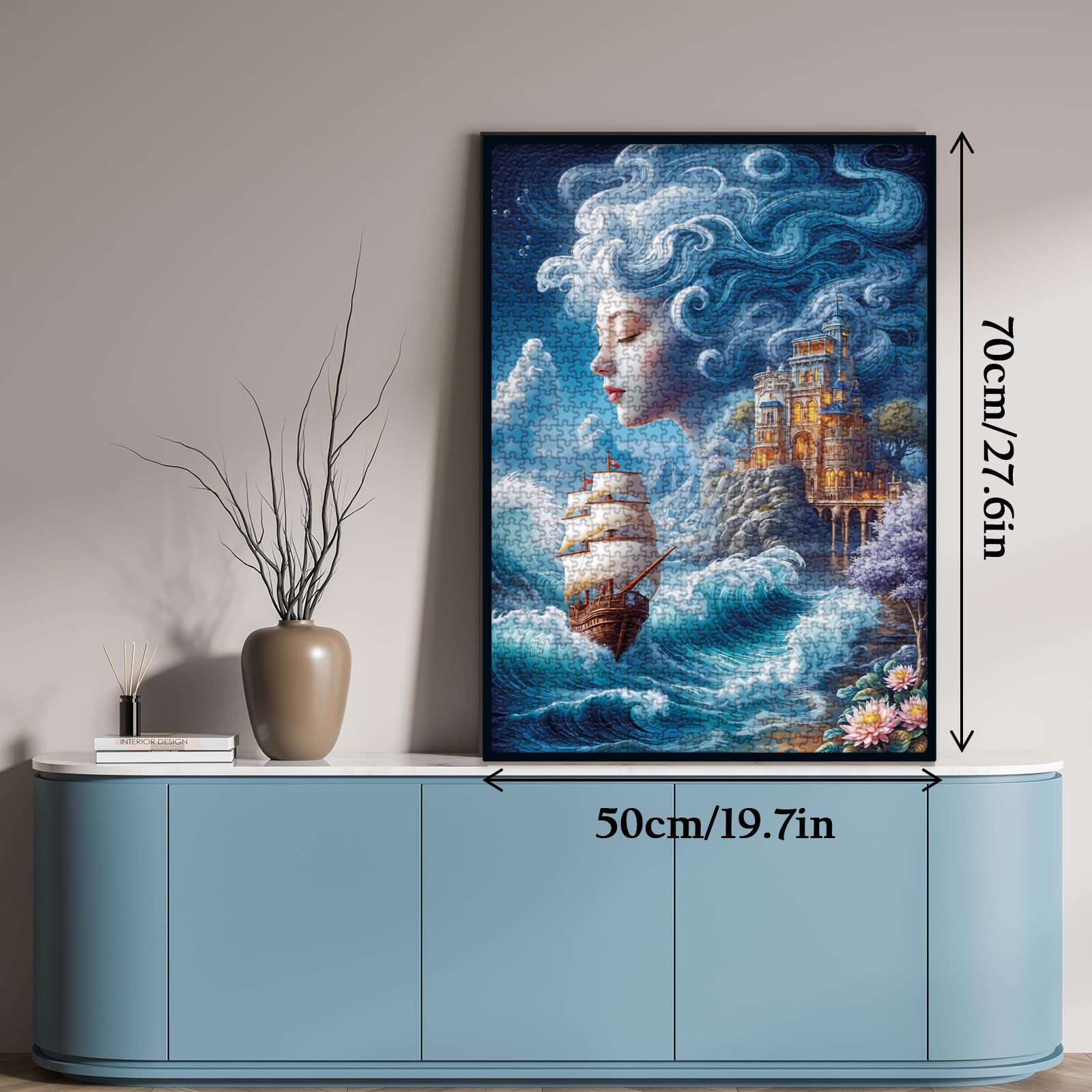 Larkipuzz Fantasy Women Ocean Puzzles for Adults 1000 Pieces, Beautiful Sea Landscape Jigsaw Puzzle, Difficult Sailboat Art Ship Puzzles