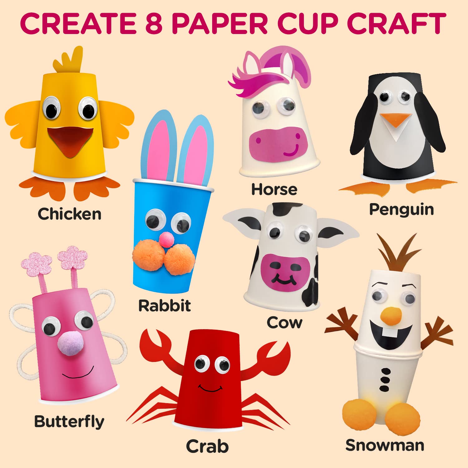 Arts and Crafts for Toddlers & Kids Ages 3-5 - Paper Cup Craft Kit, 8 Animal Projects - Fun Preschool Activity for Girls & Boys