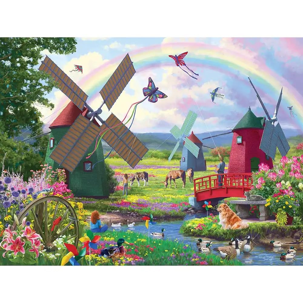 Bits and Pieces 300 Piece Puzzles for Adults 300 Large Pieces 18" x 24" Jigsaw Puzzles, Windmills Rainbow Butterfly, Random Die Cut, No 2 Pieces