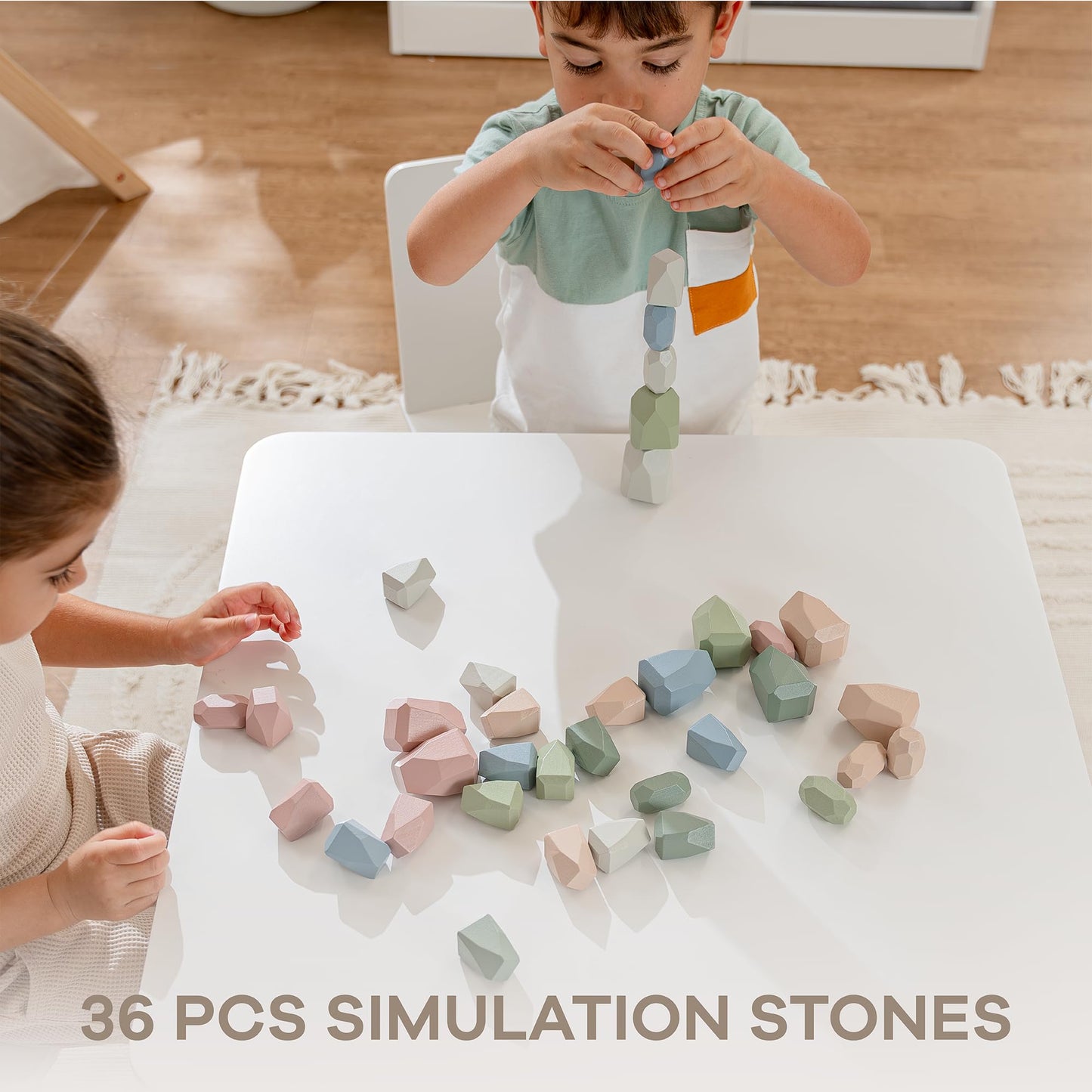Comfy Cubs Stacking Rocks 36 Pieces, 36 Months+, Educational Toddler Stacking Blocks, Promotes Imagination, Balance & Fine Motor Skills - Wooden Rocks