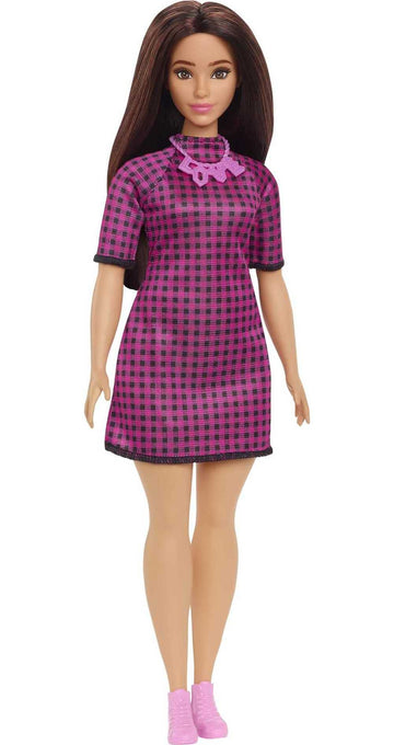 Barbie Fashionistas Doll #188, Curvy with Black Hair, Checkered Dress & Accessories Including Pink Sneakers & Necklace